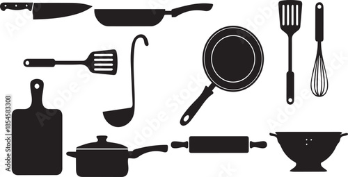Essential kitchen tools and cooking equipment silhouettes for culinary activities