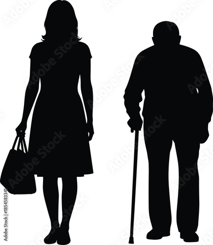 Intergenerational silhouettes of woman and elderly man with cane, aging support, companionship, caregiving concept isolated on white background