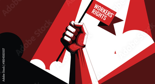 Illustration of a raised fist holding a 'WORKERS RIGHTS' banner against a red and white background with clouds.