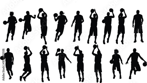 Large set of black silhouettes featuring basketball players in various action poses like shooting dribbling and jumping isolated on white background