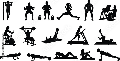 Large collection of black fitness silhouettes featuring men and women exercising with weights running and doing yoga on white background