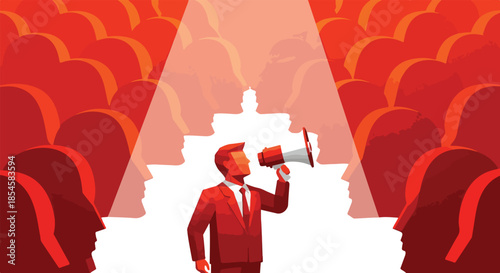 Illustration of a suited man speaking through a megaphone to an audience in a stylized, monochromatic red and white scene with bold graphic elements.