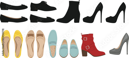 CAD women shoes vector illustration, stylish footwear collection, fashion design elements, colorful flat icons, trendy shoe styles