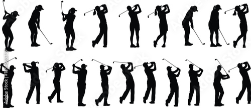 Golf swing silhouette sequence illustration showing female golfer motion poses, sports training concept, athletic action stages isolated on white