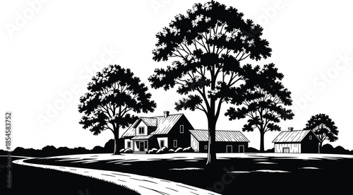 CAD rural farm vector illustration, countryside house scene, black and white landscape, peaceful nature design, vintage architecture artwork
