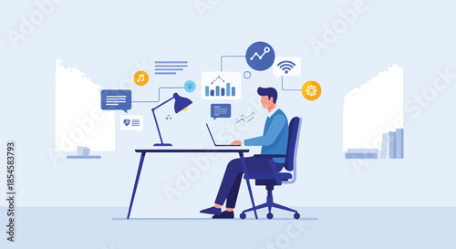 Illustration of a businessman working on a laptop at a desk with graphs and charts floating above in a modern office setting.