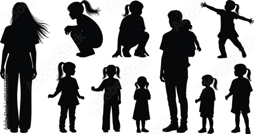Children and adults silhouette, family interaction poses, casual clothing, dynamic movement, black figures, CAD streetwear flat vector illustration