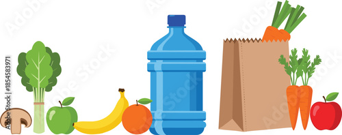 Healthy grocery food illustration with fresh fruits, vegetables, water bottle, and eco shopping bag promoting clean eating lifestyle