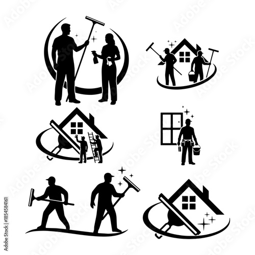 silhouette pack of Window washing cleaning squeegee with house roof