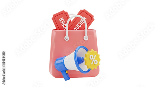 3D Shopping bag with vouchers, megaphone and discount symbol on transparent background