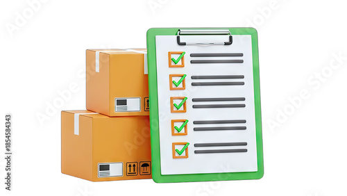 3D Shipping boxes and checklist clipboard with green checkmarks on transparent background