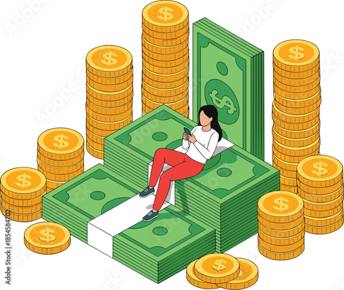 Isometric conceptual illustration of a woman sitting on stacks of money and gold coins while using her smartphone for banking