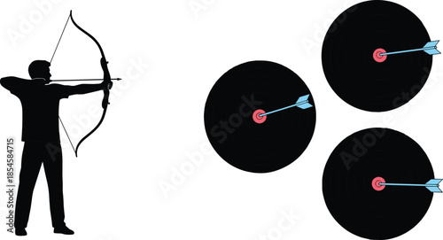 Silhouette of a male archer aiming at multiple bullseye targets with arrows symbolizing precision success goal setting and business achievement