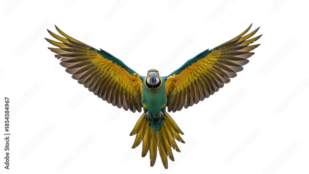 Obraz premium Blue and yellow macaw parrot flying PNG isolated on transparent background, tropical bird with outstretched wings for design use