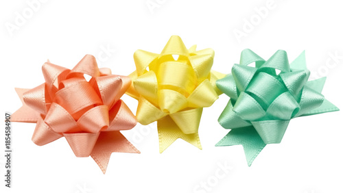 Three pastel-colored gift bows PNG isolated on transparent background, peach yellow and mint green satin ribbon bows for decoration and crafts