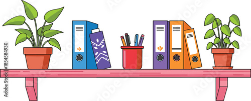 Minimal office shelf with potted plants, colorful binders and stationery illustration representing organized workspace, productivity, modern interior design