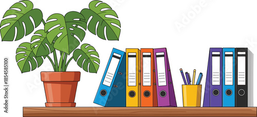 Office shelf with green houseplant and colorful binders illustration symbolizing organized workspace, productivity, modern office decor, and work life balance