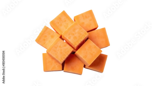 Fotografi Pile of diced sweet potatoes PNG isolated on transparent background, vibrant ora