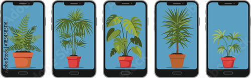 Mobile phone screens displaying indoor houseplants illustration symbolizing digital gardening, smart plant care apps, home decor inspiration, and modern lifestyle