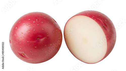 Two red potatoes, one cut in half isolated PNG, fresh root vegetable on transparent background, healthy eating and cooking ingredient