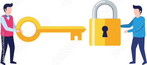 Business partnership concept illustration showing two men holding key and padlock symbolizing access, security, trust, collaboration, and problem solving
