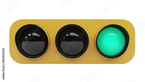 Yellow traffic light with green light on isolated PNG, transportation signal for road safety and traffic management on transparent background