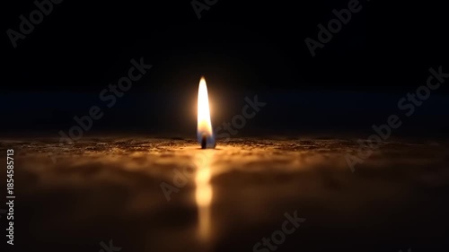 Single Candle Flame Burning Brightly in Darkness with Reflection.