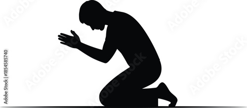 Silhouette of kneeling man praying with bowed head, spiritual faith devotion concept, religious worship illustration isolated on white background