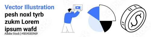 Person holds a screen with a play symbol, circular pie chart sections in blue and black, and an outlined coin icon. Ideal for finance, statistics, digital content, marketing, presentations