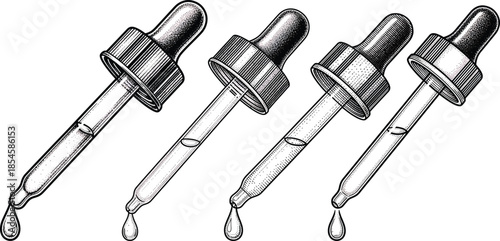 Dropper Pipette Set Vintage Etching Style Laboratory Tool Illustration Isolated Glass Medicine Cosmetic Liquid