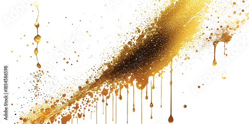 Abstract Gold Dust Burst & Shimmering Glitter Spray With Elegant Horizontal Particle Trail on White. Minimalist Luxury Design for Festive Branding, Events & Premium Visuals.