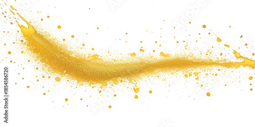 Abstract Gold Dust Burst & Shimmering Glitter Spray With Elegant Horizontal Particle Trail on White. Minimalist Luxury Design for Festive Branding, Events & Premium Visuals.