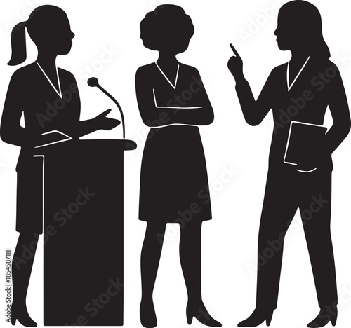Women leadership conference black silhouette, female figures presenting and speaking confidently