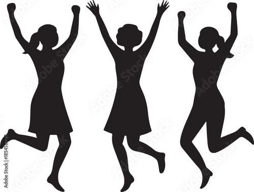 Women freedom celebration black silhouette, women jumping with raised arms, joy and empowerment theme.