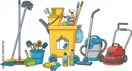 Professional cleaning equipment and janitorial supplies set with vacuum, mop, trolley, and floor scrubber for commercial maintenance and housekeeping services vector illustration.