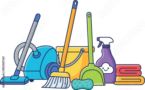 Cleaning service equipment set with vacuum cleaner, broom, bucket, dustpan, spray bottle, sponge, towels, household chores supplies, flat vector illustration