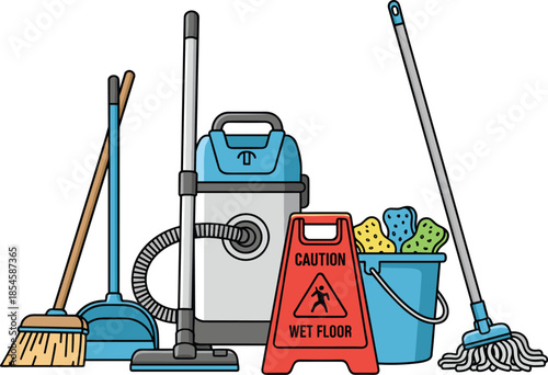 Professional cleaning equipment set with industrial vacuum cleaner, mop, bucket, sponges, broom, dustpan and red caution wet floor sign illustration, white background.