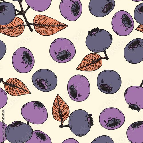 Seamless pattern with blueberry. Natural fresh ripe tasty blueberries. Vector illustration for background, packaging, textile, fabric and various other designs. Food concept.