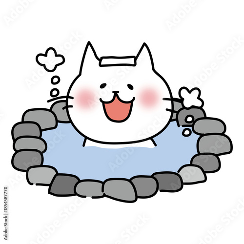 温泉に入る白い猫