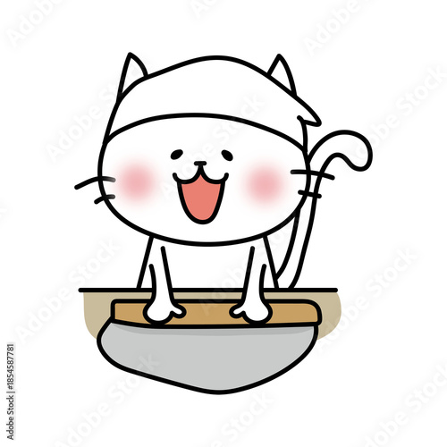 そば打ちをする白い猫