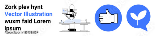 Healthcare innovation, environmental growth, medical advancements, robotics, positive feedback, eco-friendliness. Robotic system operating, thumbs-up and leaf icons. Healthcare innovation