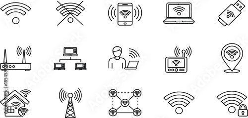Vector set of wireless internet line icons, router, wifi signal, network connection, smart home, and mobile connectivity symbols.