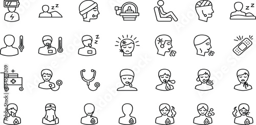 Vector line icons set of medical healthcare, sick patient symptoms, virus flu, hospital treatment, doctor, nurse, emergency, and medicine symbols.
