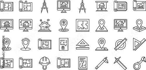 Vector line icons set of architectural blueprints, construction tools, house plans, location markers, engineering equipment, and real estate design projects.