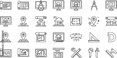 Vector line icons set of architecture blueprints, house plans, construction tools, location markers, engineering design, and real estate project planning items.