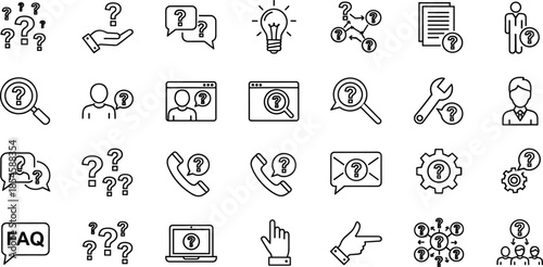 Vector line icons set representing question marks, faq, customer support, help desk, problem solving, ideas, communication, and information search symbols.