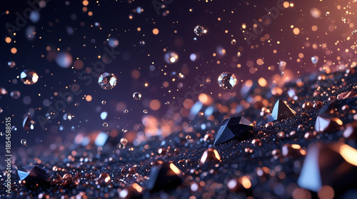 Luxurious Black Gemstones & Sparkling Copper Droplets in Dramatic Bokeh Light Effect
