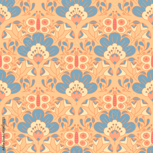 Art Nouveau Seamless Floral Pattern with Yellow Flowers on Blue Background Botanical Folk Art Vector
