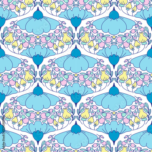 Art Nouveau Seamless Floral Pattern with Yellow Flowers on Blue Background Botanical Folk Art Vector