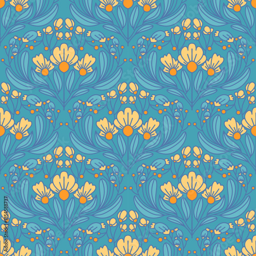 Art Nouveau Seamless Floral Pattern with Yellow Flowers on Blue Background Botanical Folk Art Vector